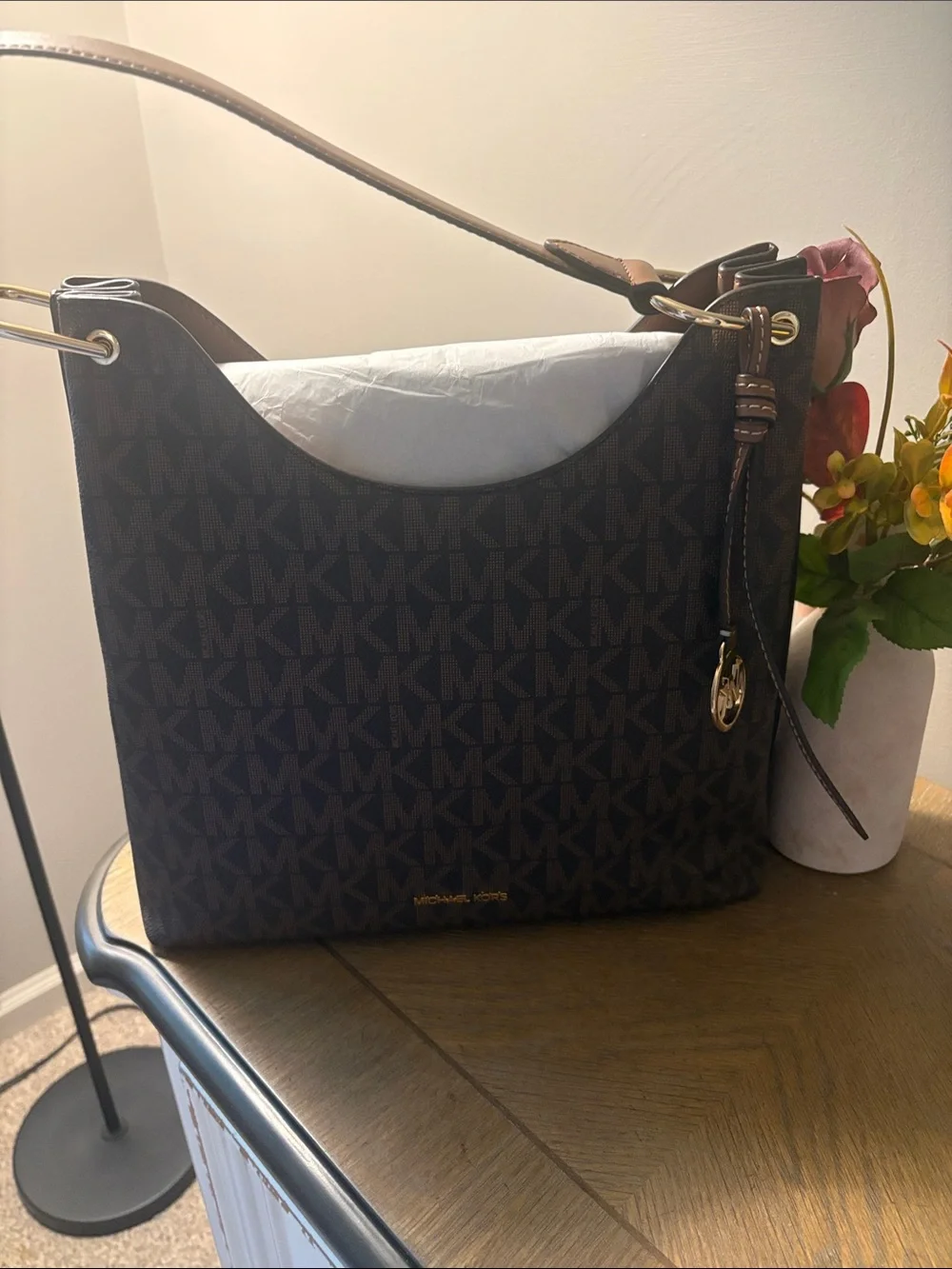 Michael Kors Brown Logo Jacquard Shoulder Bag with Gold Hardware